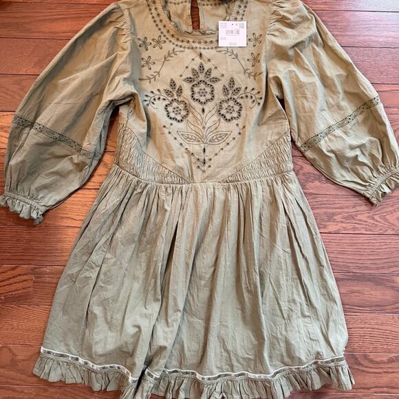 American Eagle Olive Green Long Sleeve Embroidered Dress size XXS NEW WITH TAGS - Picture 3 of 8